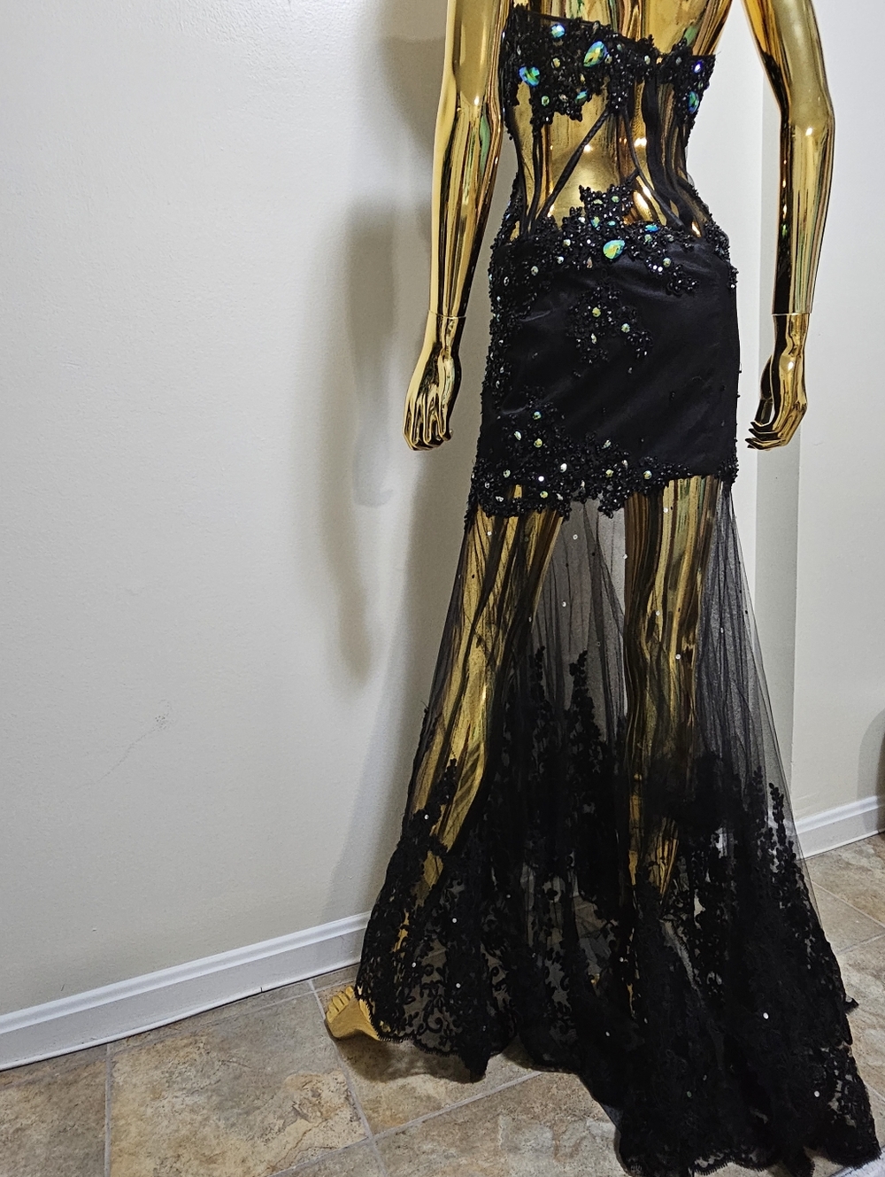 Alyce Paris Strapless Black Dress with Blue and Green Embellishments - Picture 6 of 8